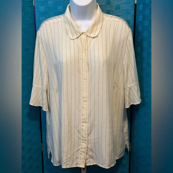 Pendleton Silk Blouse Button Top Flutter Sleeve Arrow Stripe Cream - Picture 3 of 12